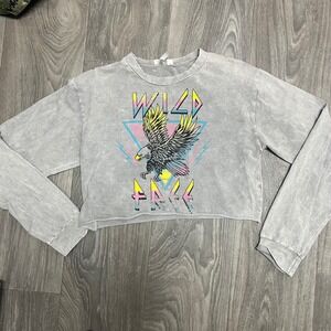 Wild Free Eagle Graphic‎ Cropped Long Sleeve Top Acid Wash Pullover